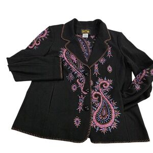 Vintage Bob Mackie Wearable Art Blazer Womens L Black Pink Paisley Embroidered